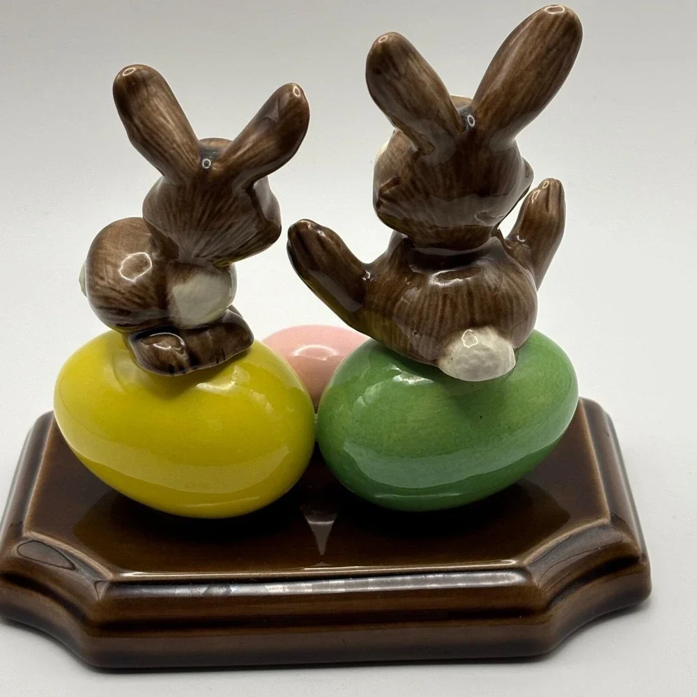 Ceramic Easter Bunnies on‎ Eggs Figurine Spring Holiday Decor Cute
